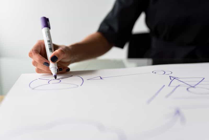 A person sketching a diagram of boxes and arrows in a notebook while planning research