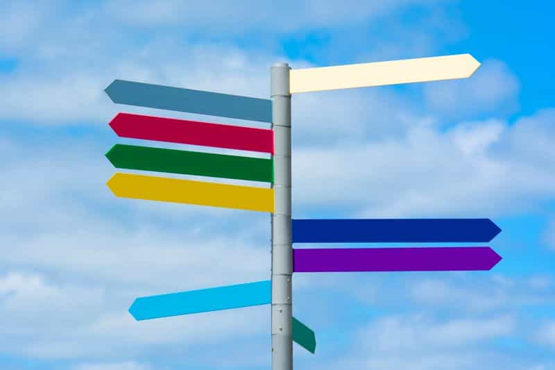 Direction signs pointing several different ways on a single metal pole